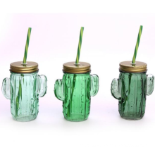 Glass Cactus Mason Jar with Lid and Straw